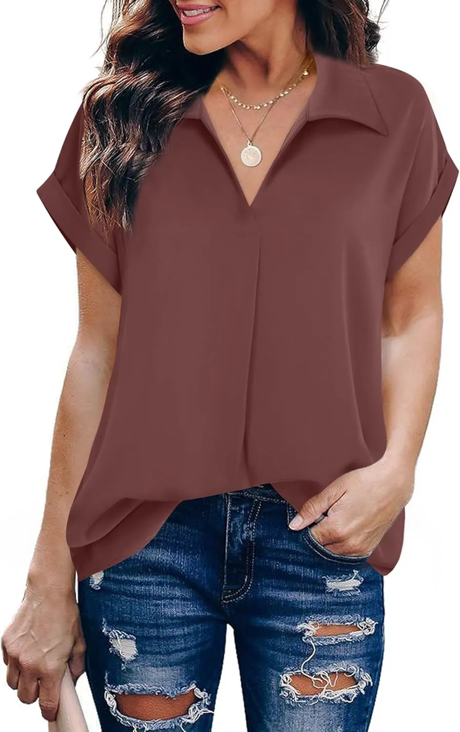 Gaharu Women's Summer Work Blouse V Neck Short Sleeve Lapel Shirt Top Tunic
