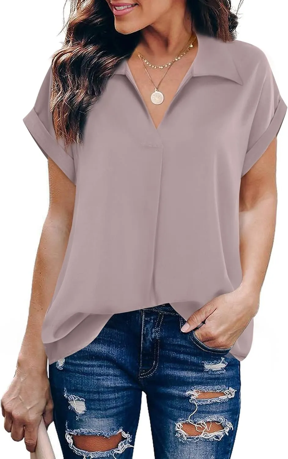 Gaharu Women's Summer Work Blouse V Neck Short Sleeve Lapel Shirt Top Tunic