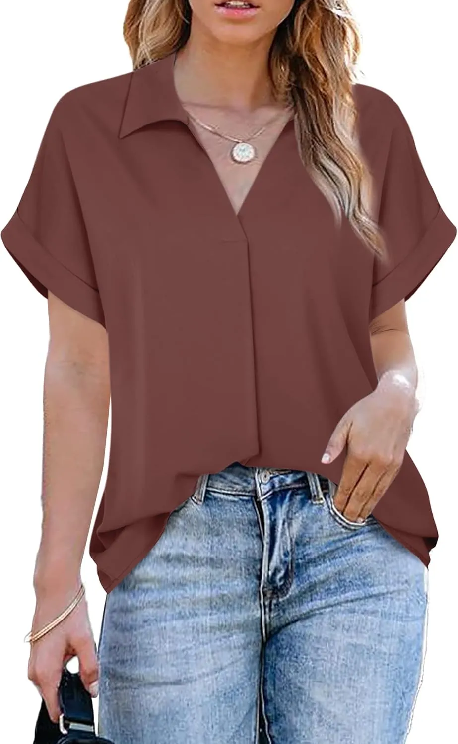 Gaharu Women's Summer Work Blouse V Neck Short Sleeve Lapel Shirt Top Tunic