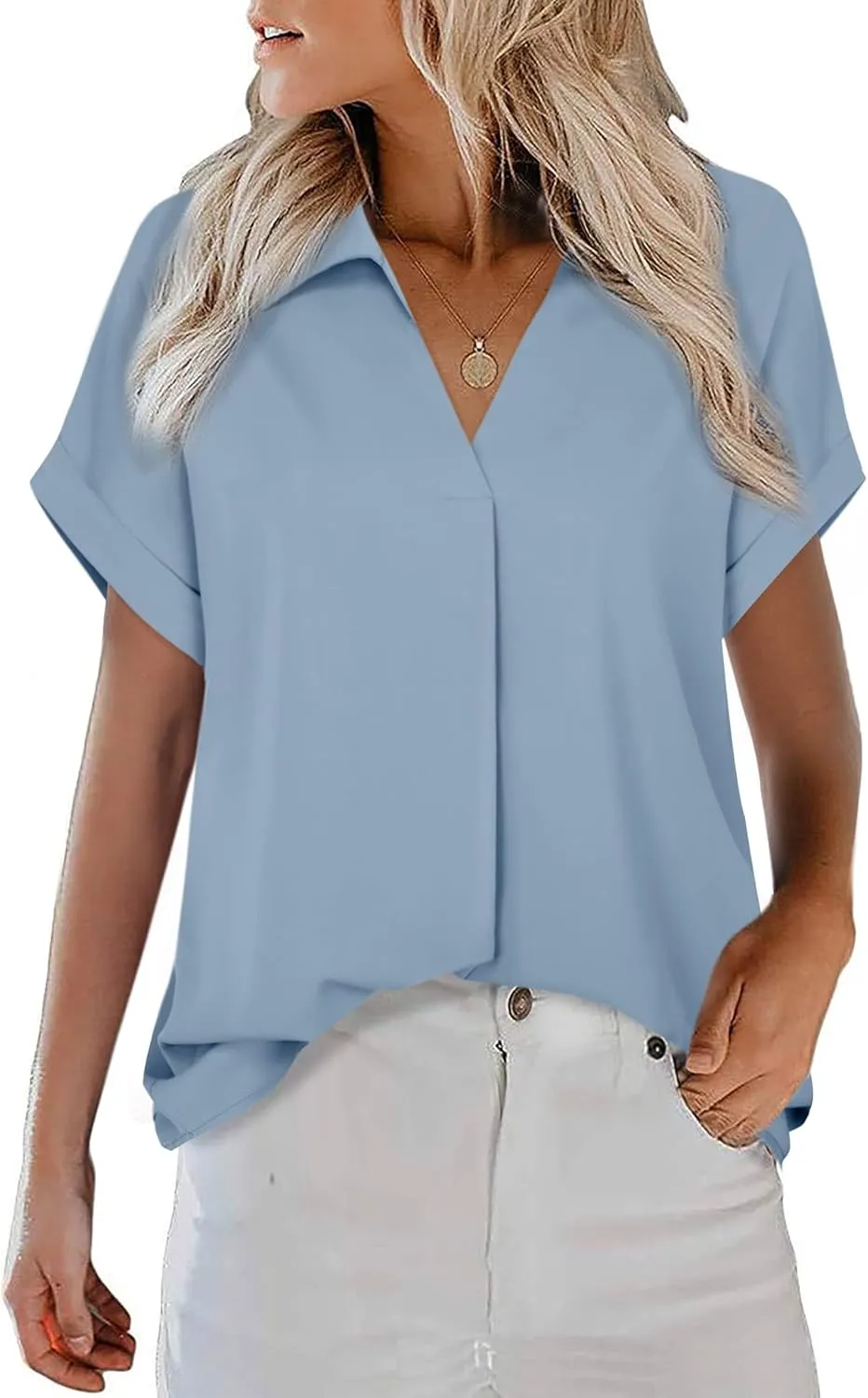 Gaharu Women's Summer Work Blouse V Neck Short Sleeve Lapel Shirt Top Tunic