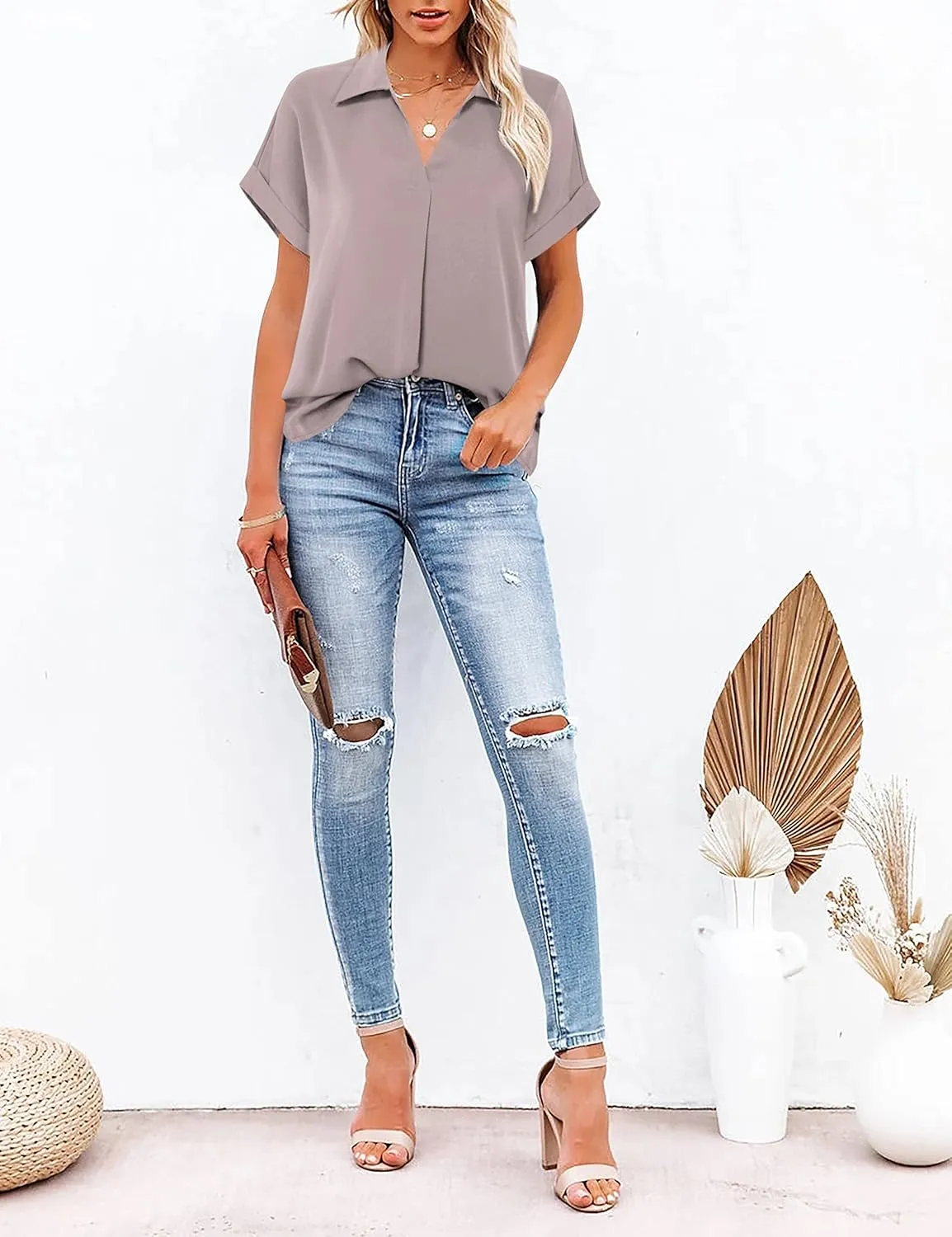 Gaharu Women's Summer Work Blouse V Neck Short Sleeve Lapel Shirt Top Tunic
