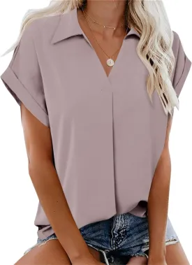 Gaharu Women's Summer Work Blouse V Neck Short Sleeve Lapel Shirt Top Tunic
