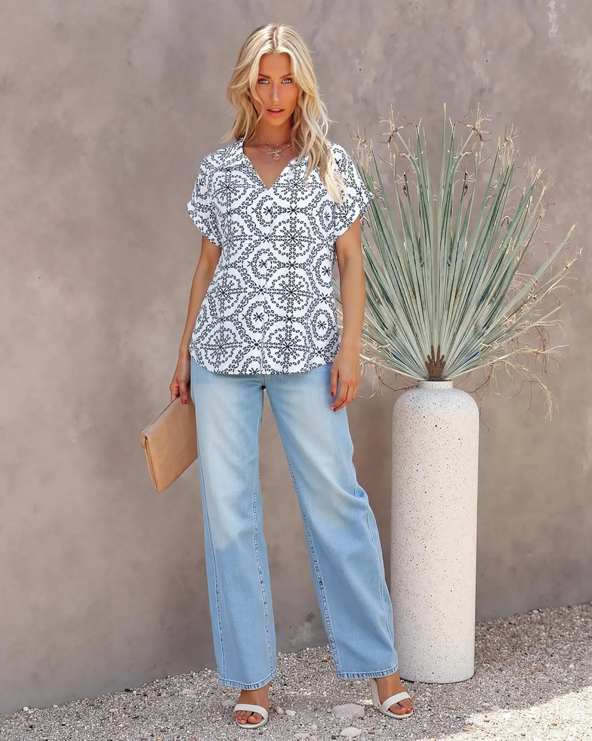 Gaharu Women's Summer Work Blouse V Neck Short Sleeve Lapel Shirt Top Tunic