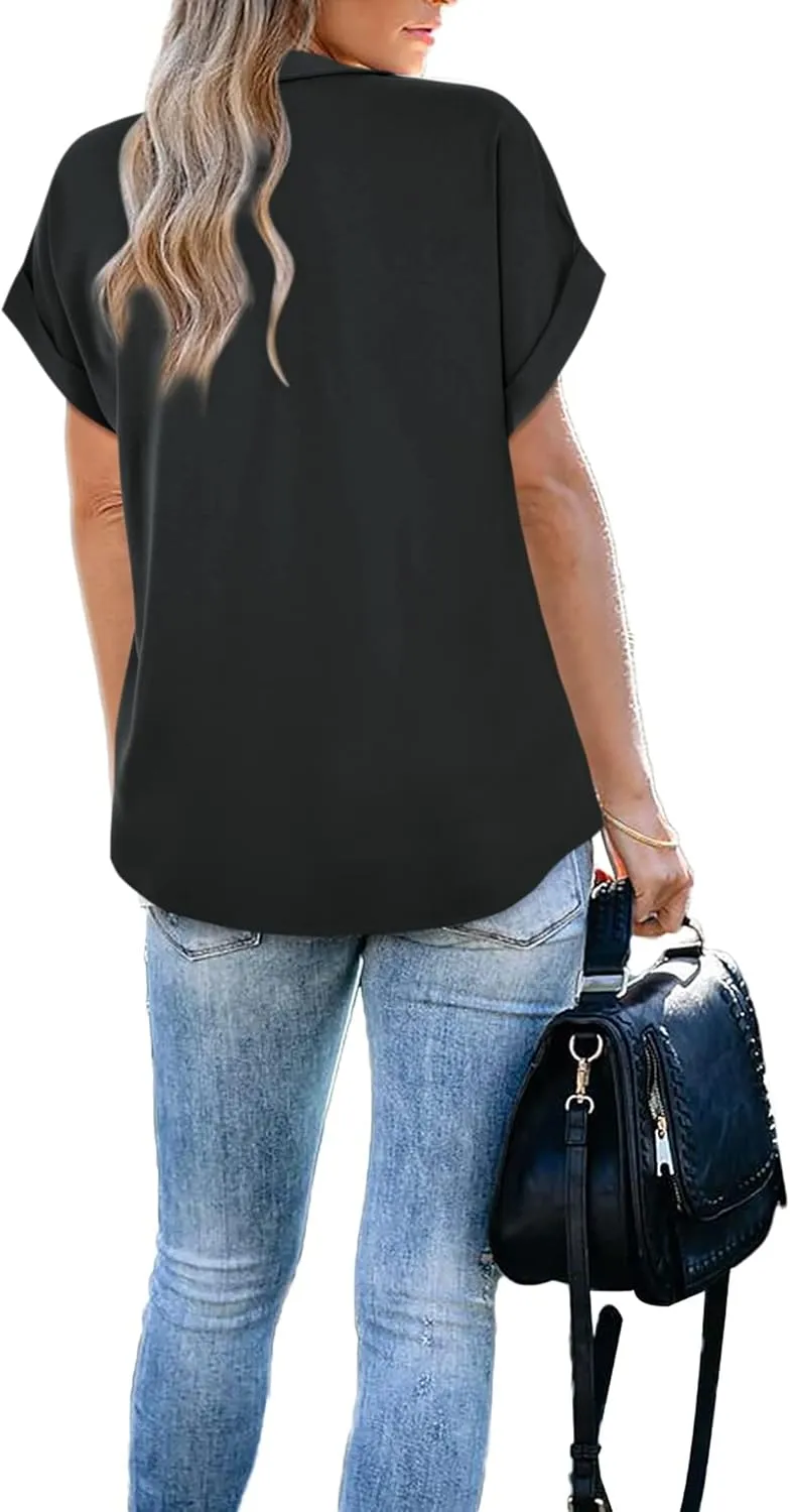 Gaharu Women's Summer Work Blouse V Neck Short Sleeve Lapel Shirt Top Tunic