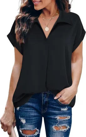Gaharu Women's Summer Work Blouse V Neck Short Sleeve Lapel Shirt Top Tunic
