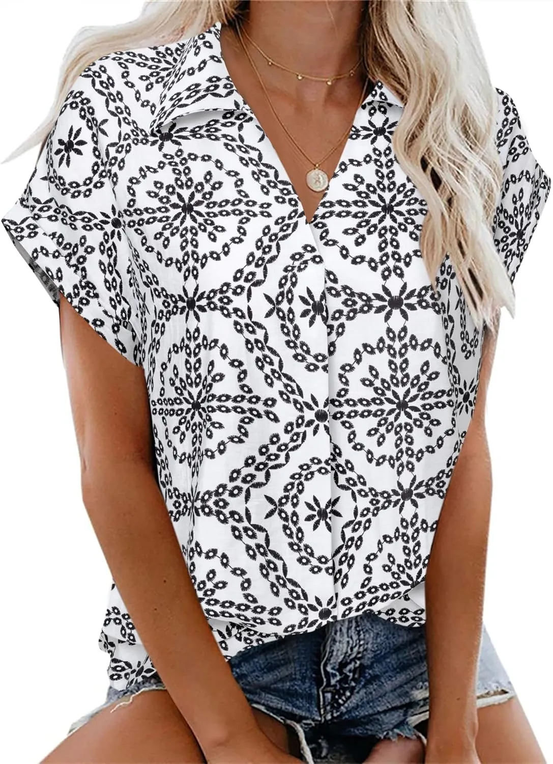 Gaharu Women's Summer Work Blouse V Neck Short Sleeve Lapel Shirt Top Tunic