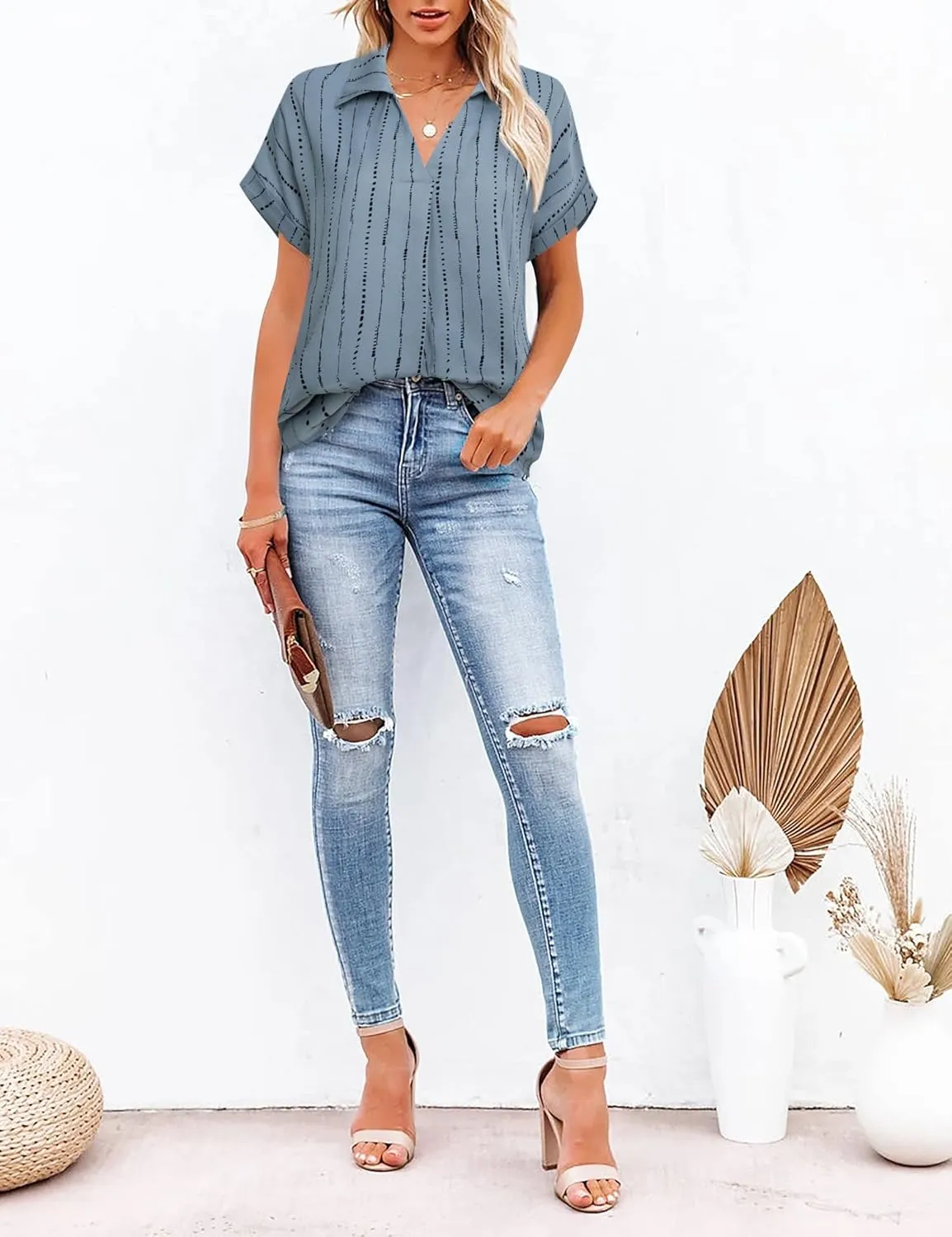 Gaharu Women's Summer Work Blouse V Neck Short Sleeve Lapel Shirt Top Tunic