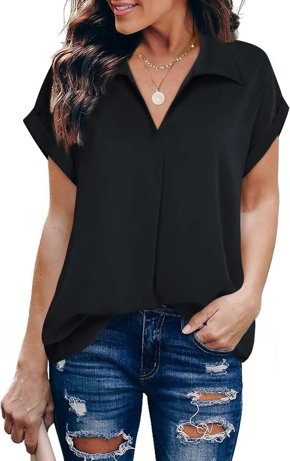 Gaharu Women's Summer Work Blouse V Neck Short Sleeve Lapel Shirt Top Tunic