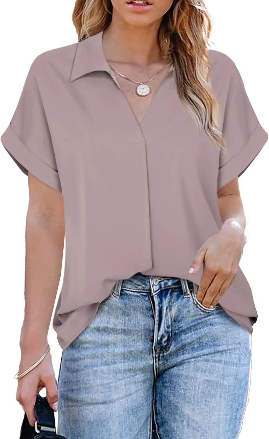 Gaharu Women's Summer Work Blouse V Neck Short Sleeve Lapel Shirt Top Tunic