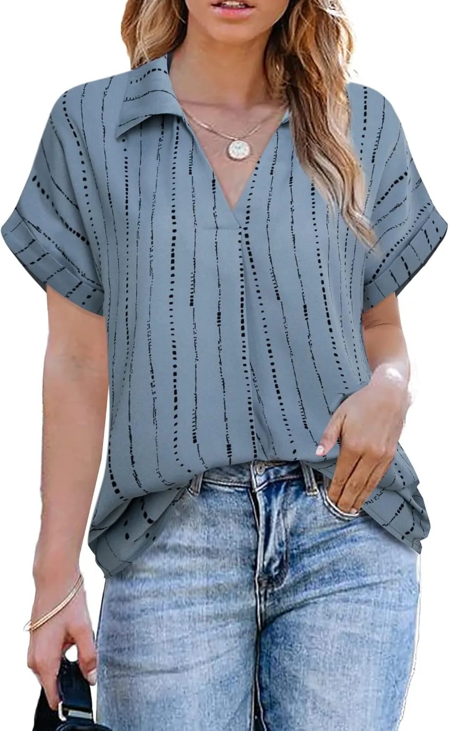 Gaharu Women's Summer Work Blouse V Neck Short Sleeve Lapel Shirt Top Tunic