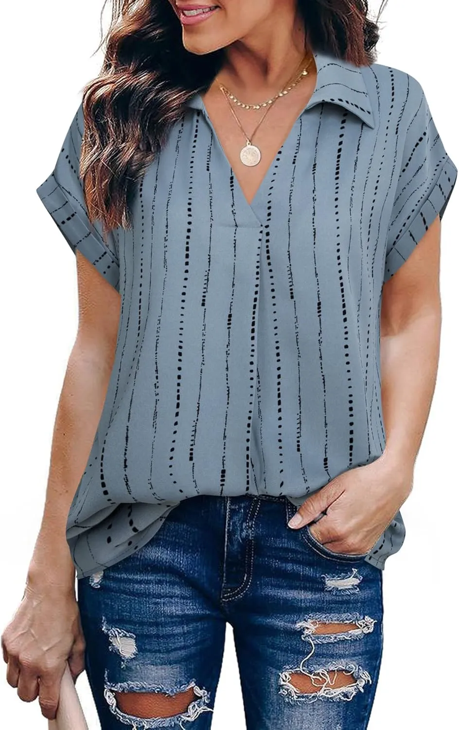 Gaharu Women's Summer Work Blouse V Neck Short Sleeve Lapel Shirt Top Tunic