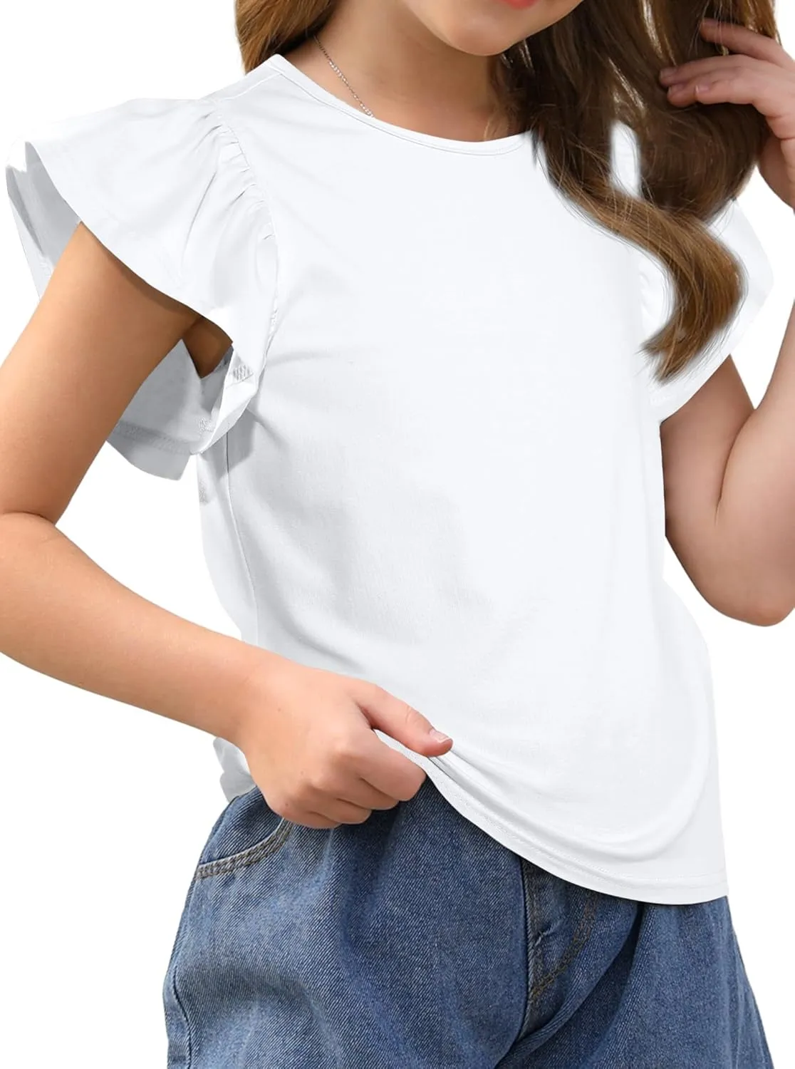 Girls' Summer Shirts Cute Tops Ruffle Sleeve Crew Neck Casual Tees
