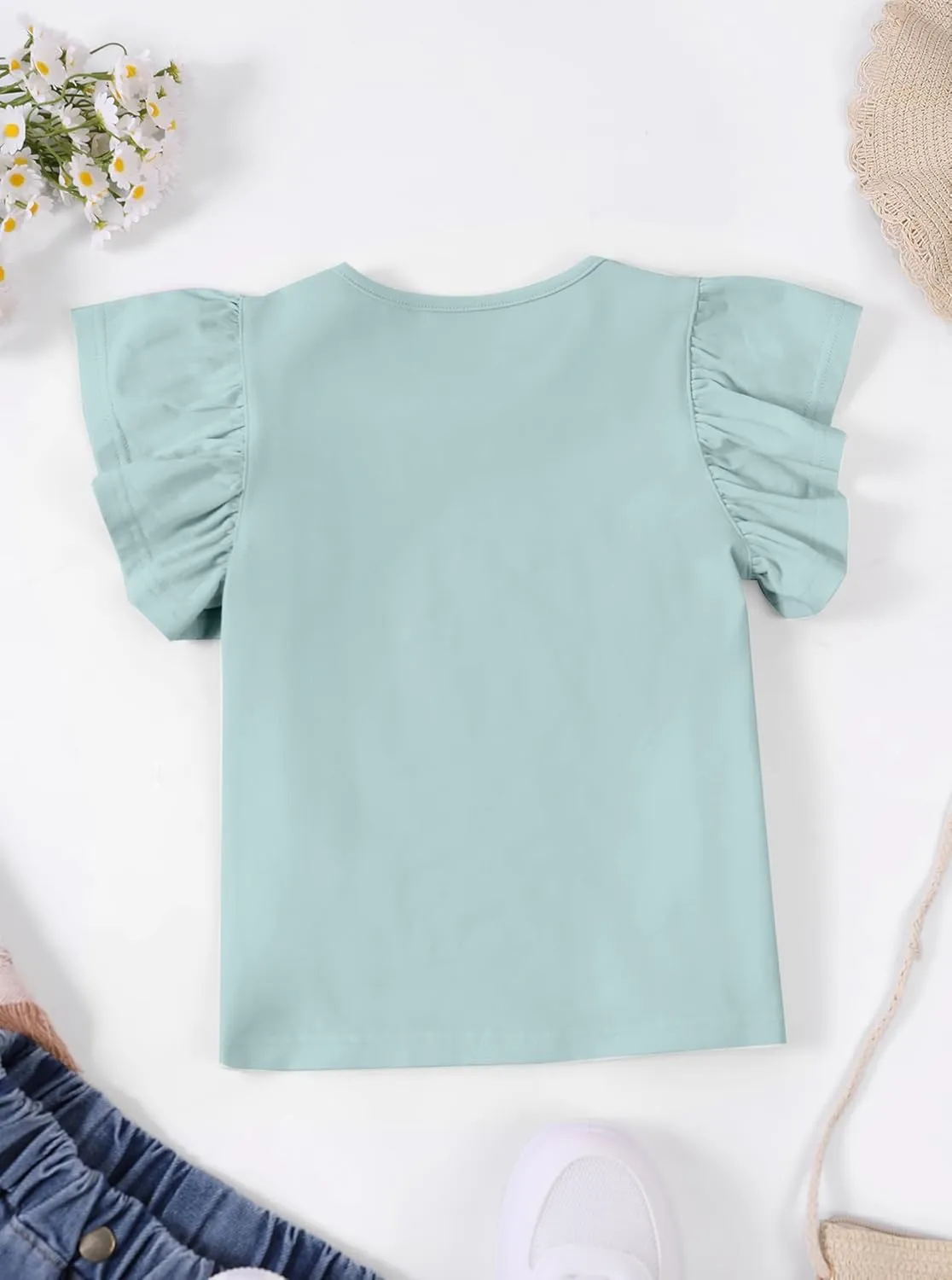Girls' Summer Shirts Cute Tops Ruffle Sleeve Crew Neck Casual Tees