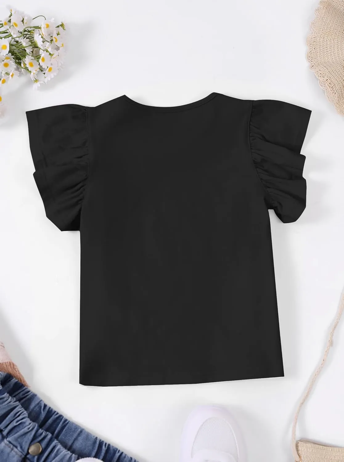 Girls' Summer Shirts Cute Tops Ruffle Sleeve Crew Neck Casual Tees