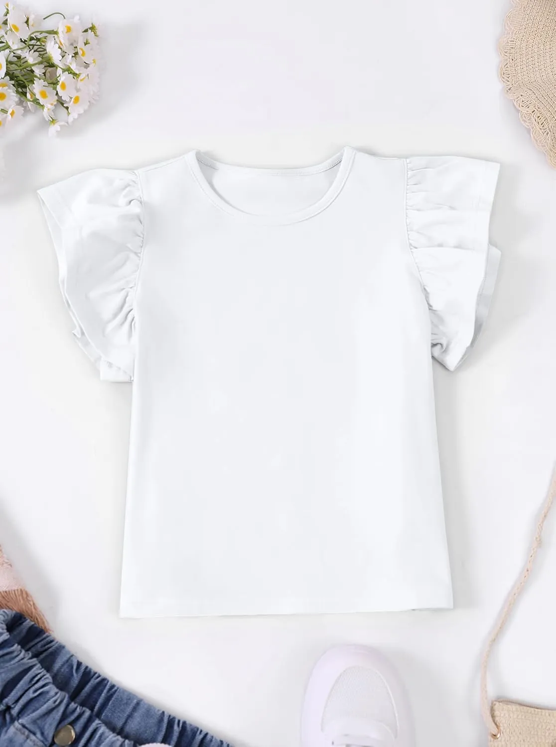 Girls' Summer Shirts Cute Tops Ruffle Sleeve Crew Neck Casual Tees