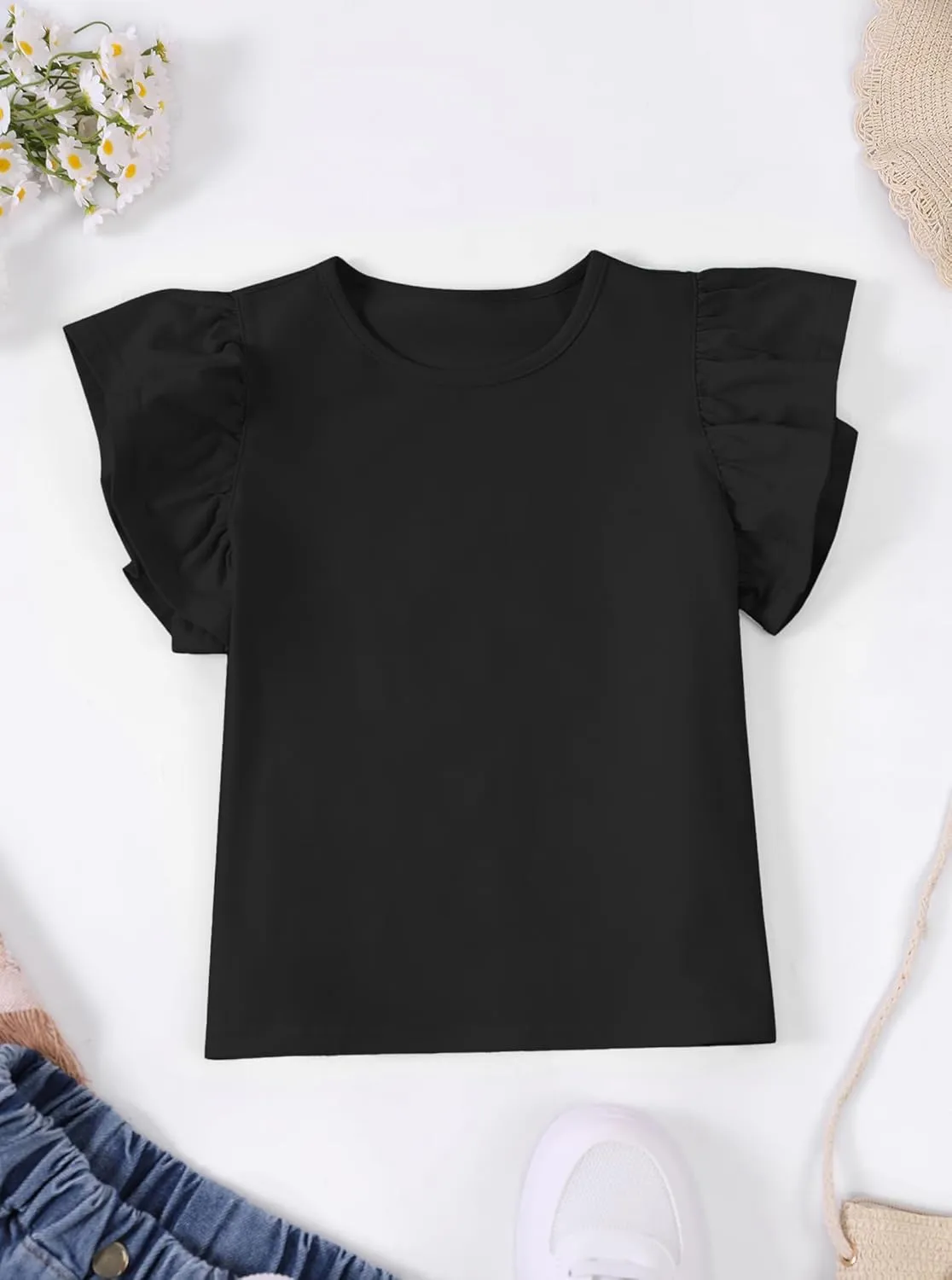Girls' Summer Shirts Cute Tops Ruffle Sleeve Crew Neck Casual Tees