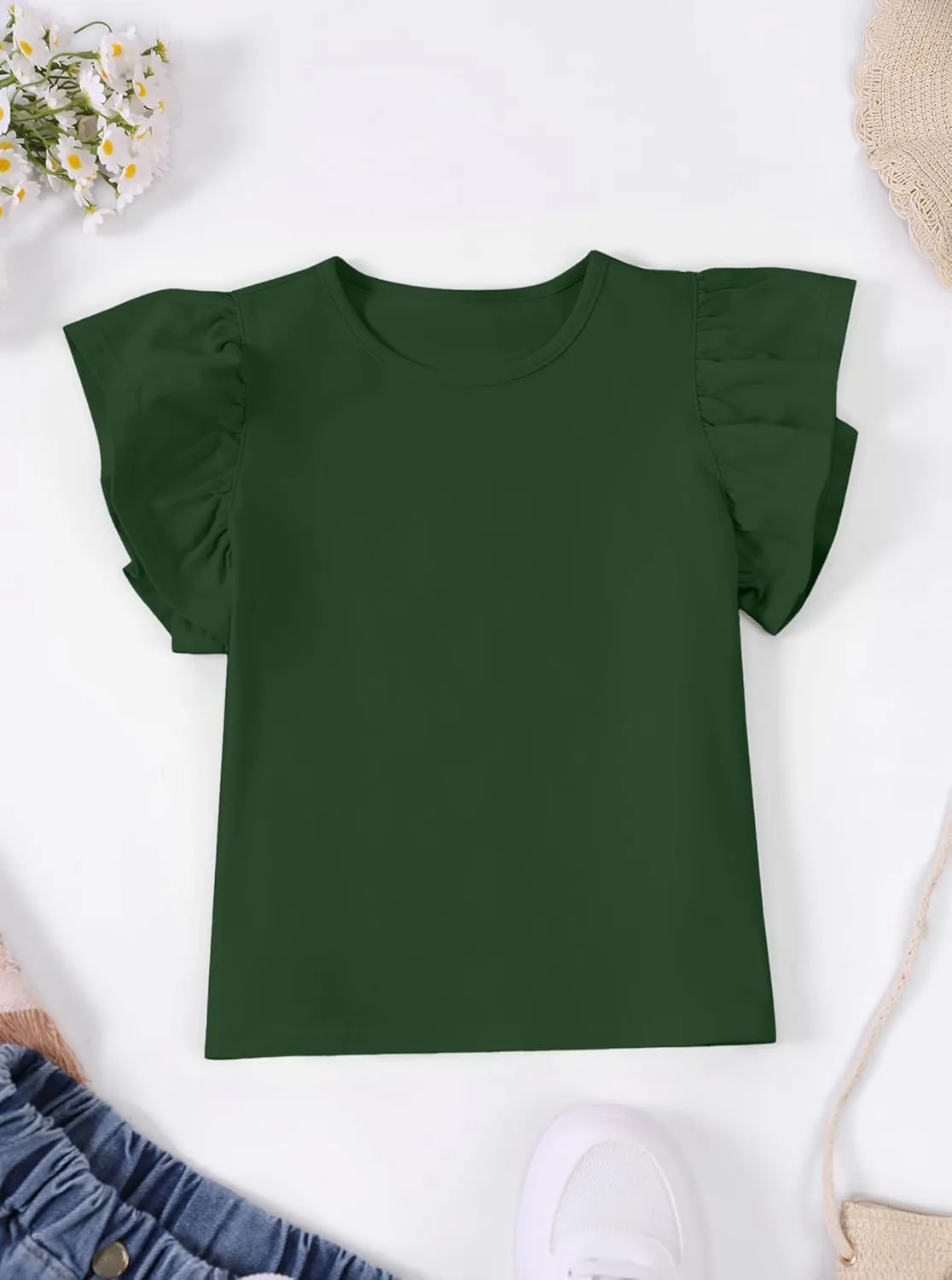 Girls' Summer Shirts Cute Tops Ruffle Sleeve Crew Neck Casual Tees