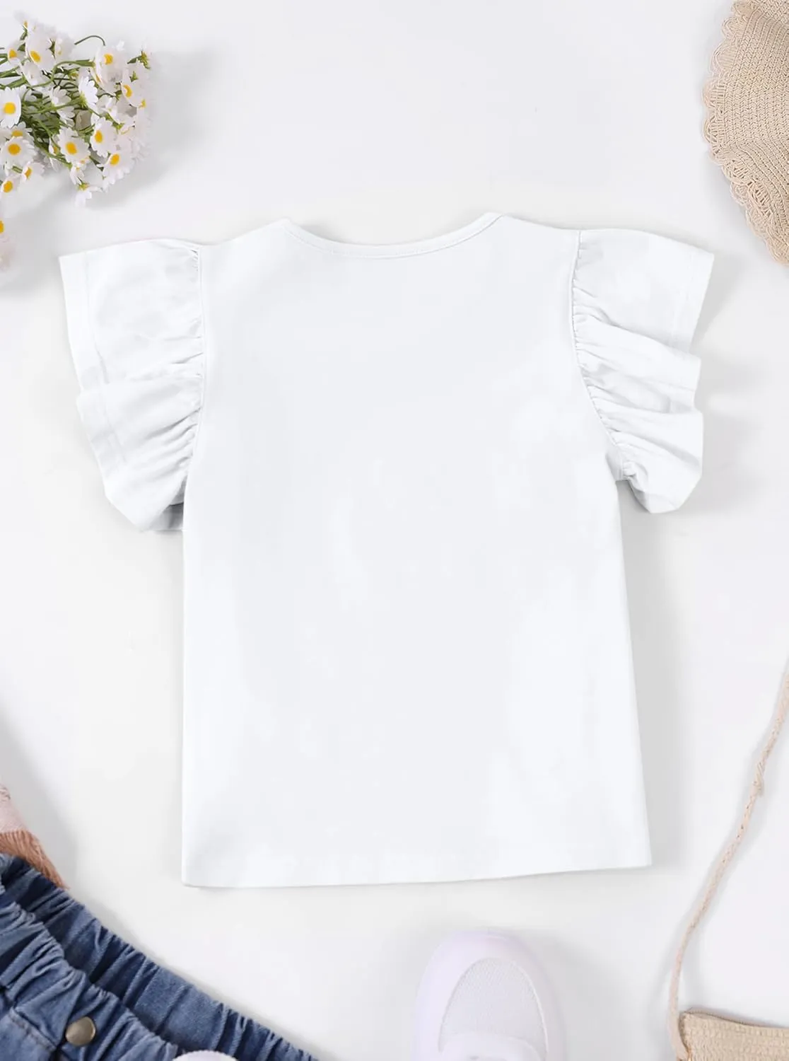 Girls' Summer Shirts Cute Tops Ruffle Sleeve Crew Neck Casual Tees