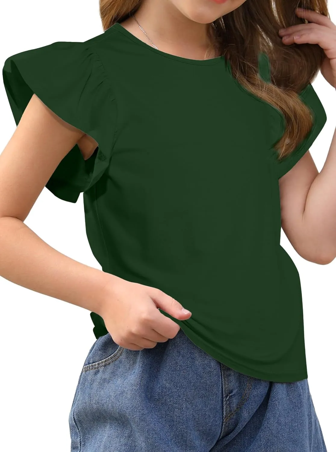 Girls' Summer Shirts Cute Tops Ruffle Sleeve Crew Neck Casual Tees