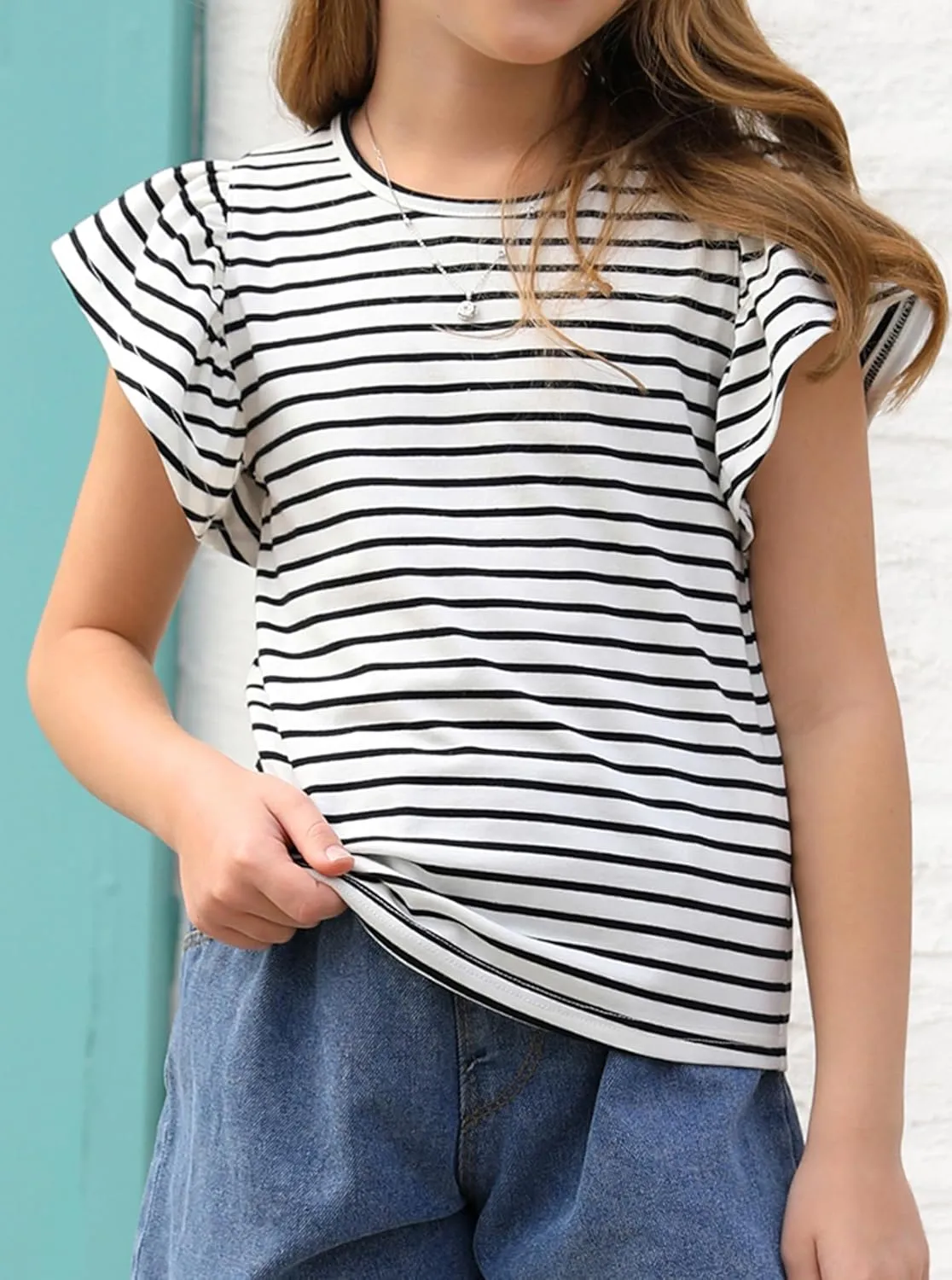 Girls' Summer Shirts Cute Tops Ruffle Sleeve Crew Neck Casual Tees