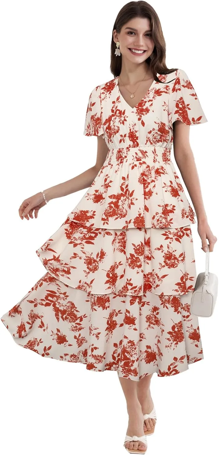 GRACE KARIN Women's 2025 Floral Summer Long Midi Dress V Neck Short Sleeve Ruffle Tiered Layered Boho Swing Dresses