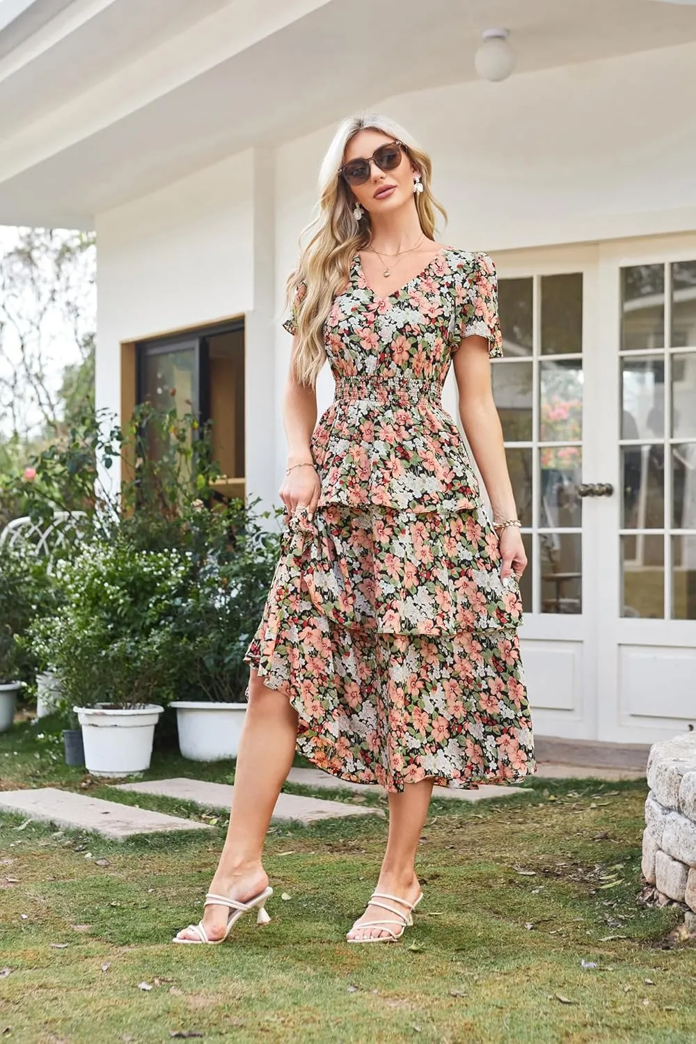 GRACE KARIN Women's 2025 Floral Summer Long Midi Dress V Neck Short Sleeve Ruffle Tiered Layered Boho Swing Dresses