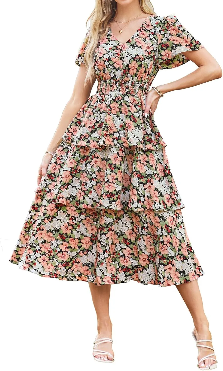 GRACE KARIN Women's 2025 Floral Summer Long Midi Dress V Neck Short Sleeve Ruffle Tiered Layered Boho Swing Dresses