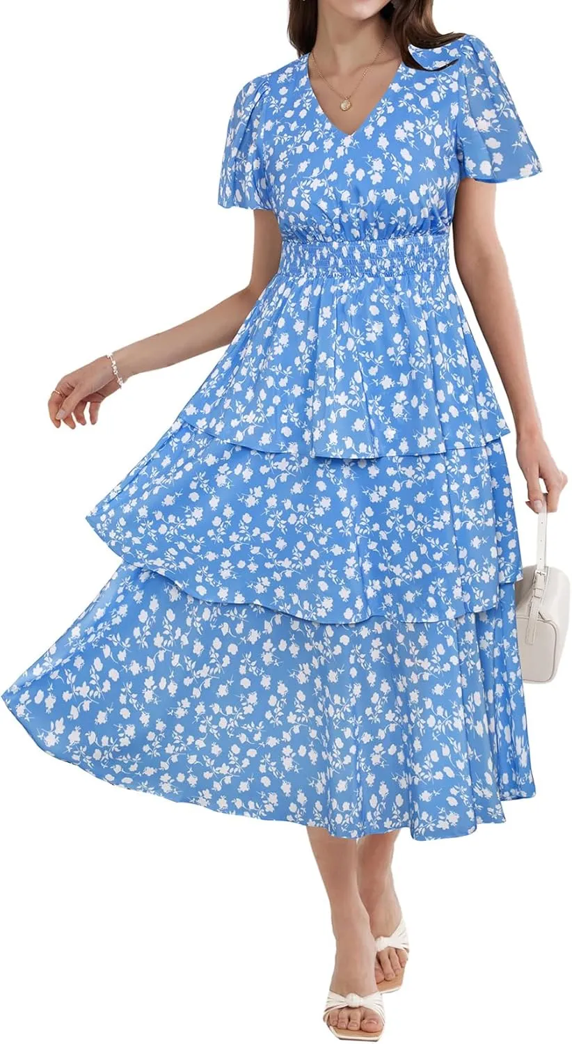 GRACE KARIN Women's 2025 Floral Summer Long Midi Dress V Neck Short Sleeve Ruffle Tiered Layered Boho Swing Dresses