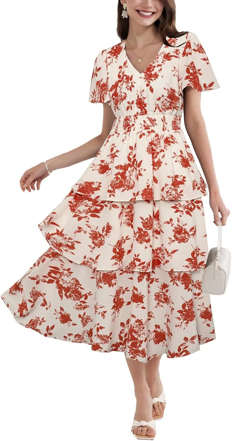 GRACE KARIN Women's 2025 Floral Summer Long Midi Dress V Neck Short Sleeve Ruffle Tiered Layered Boho Swing Dresses