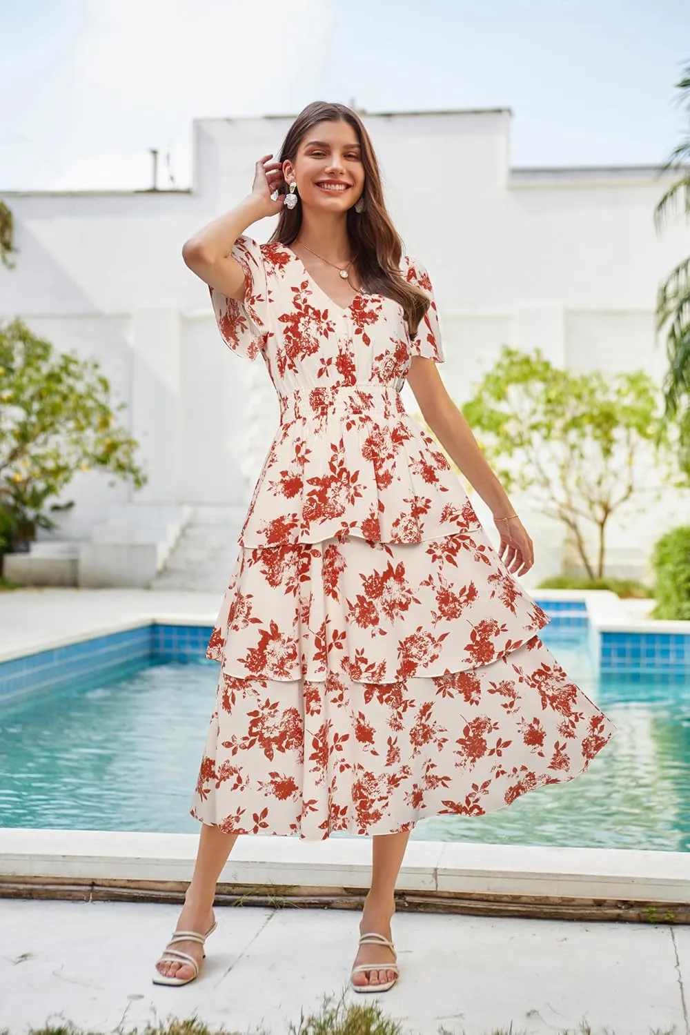 GRACE KARIN Women's 2025 Floral Summer Long Midi Dress V Neck Short Sleeve Ruffle Tiered Layered Boho Swing Dresses