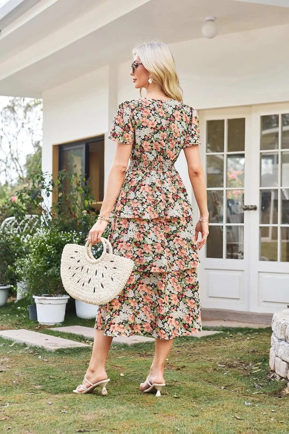 GRACE KARIN Women's 2025 Floral Summer Long Midi Dress V Neck Short Sleeve Ruffle Tiered Layered Boho Swing Dresses
