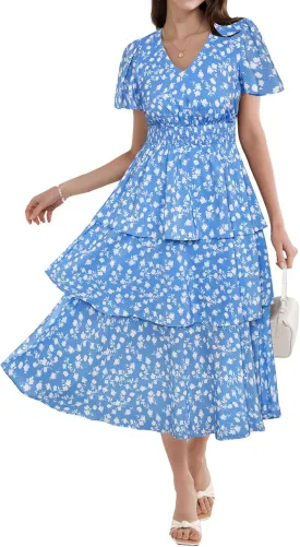 GRACE KARIN Women's 2025 Floral Summer Long Midi Dress V Neck Short Sleeve Ruffle Tiered Layered Boho Swing Dresses