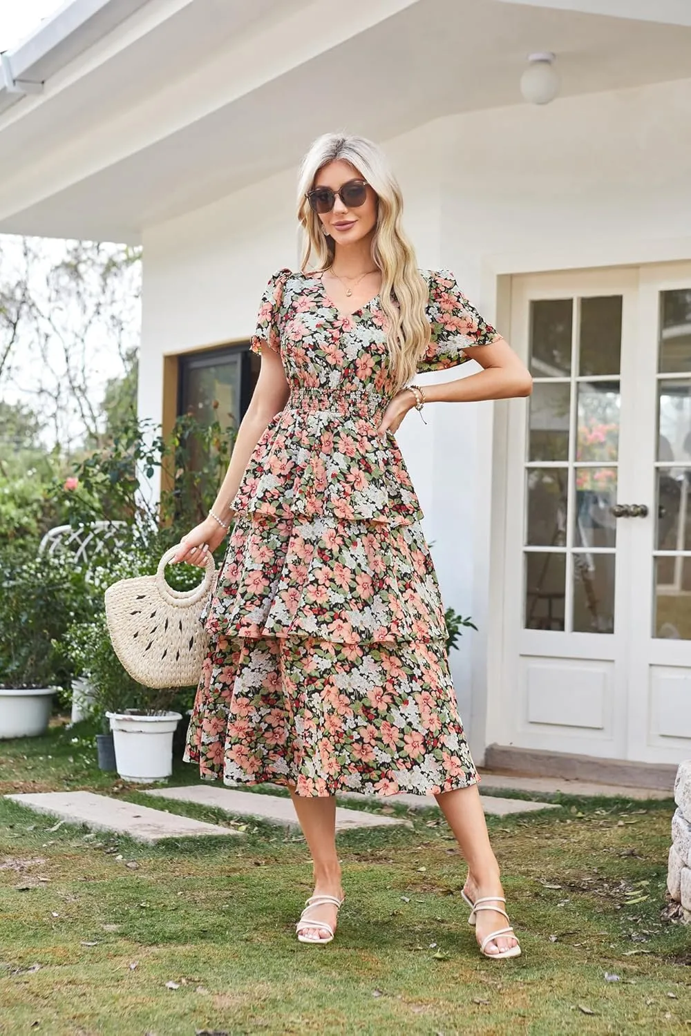 GRACE KARIN Women's 2025 Floral Summer Long Midi Dress V Neck Short Sleeve Ruffle Tiered Layered Boho Swing Dresses