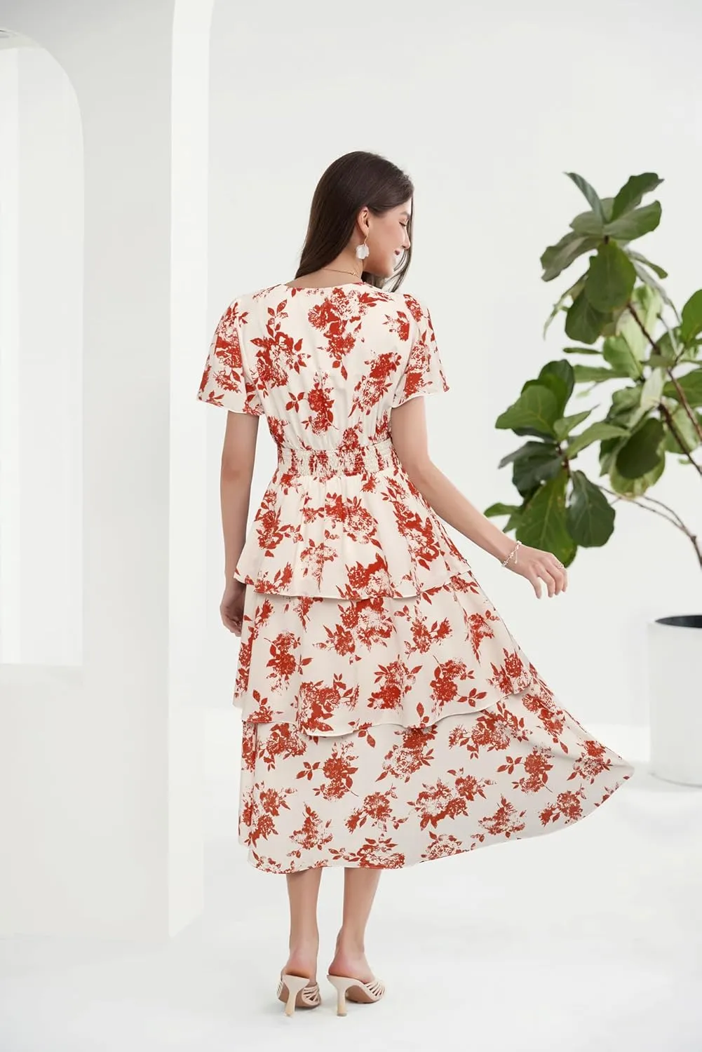 GRACE KARIN Women's 2025 Floral Summer Long Midi Dress V Neck Short Sleeve Ruffle Tiered Layered Boho Swing Dresses