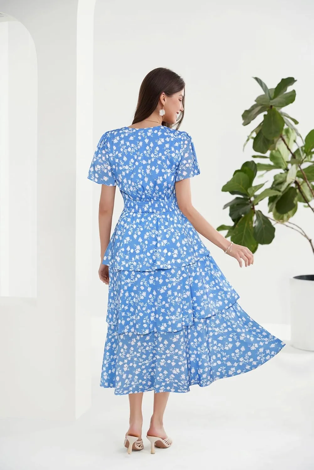 GRACE KARIN Women's 2025 Floral Summer Long Midi Dress V Neck Short Sleeve Ruffle Tiered Layered Boho Swing Dresses