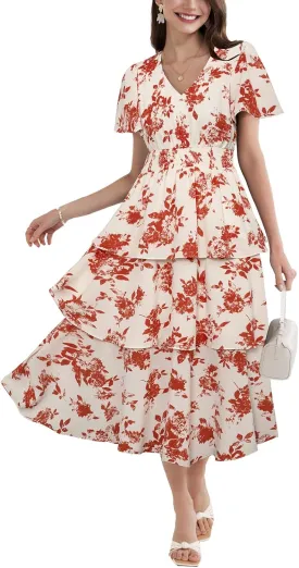GRACE KARIN Women's 2025 Floral Summer Long Midi Dress V Neck Short Sleeve Ruffle Tiered Layered Boho Swing Dresses