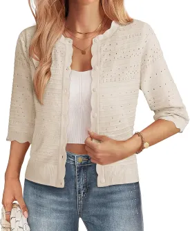 GRACE KARIN Women's 3/4 Short Sleeve Cropped Cardigan Lightweight Button up Crochet Knit Sweater Shrug for Summer Spring