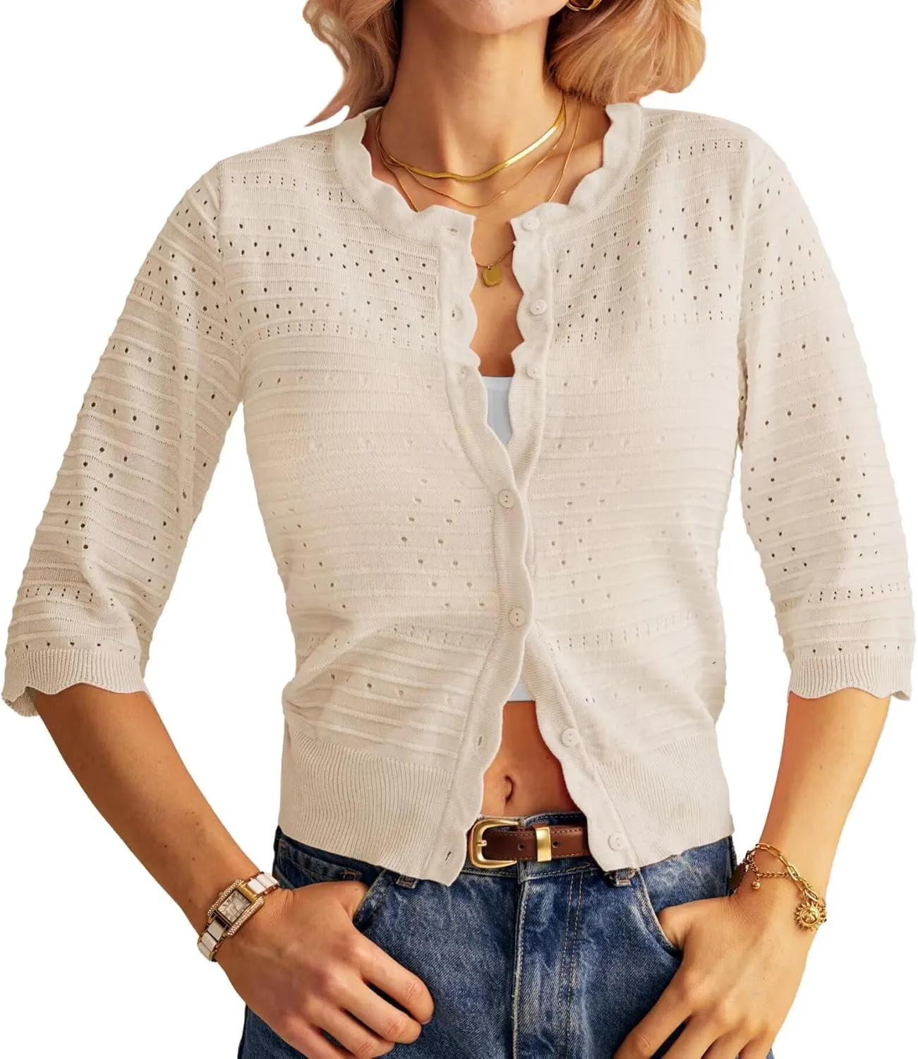 GRACE KARIN Women's 3/4 Short Sleeve Cropped Cardigan Lightweight Button up Crochet Knit Sweater Shrug for Summer Spring