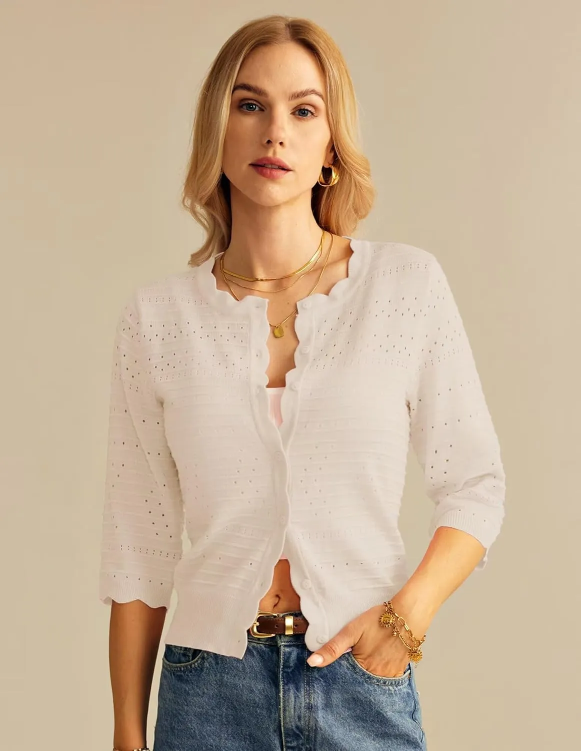 GRACE KARIN Women's 3/4 Short Sleeve Cropped Cardigan Lightweight Button up Crochet Knit Sweater Shrug for Summer Spring