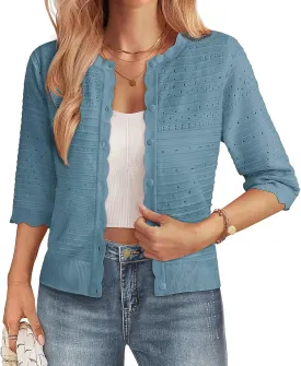 GRACE KARIN Women's 3/4 Short Sleeve Cropped Cardigan Lightweight Button up Crochet Knit Sweater Shrug for Summer Spring