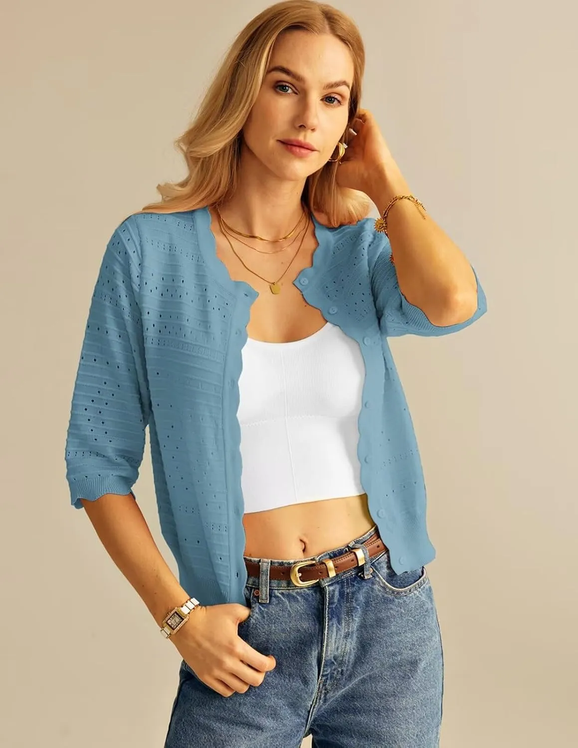 GRACE KARIN Women's 3/4 Short Sleeve Cropped Cardigan Lightweight Button up Crochet Knit Sweater Shrug for Summer Spring