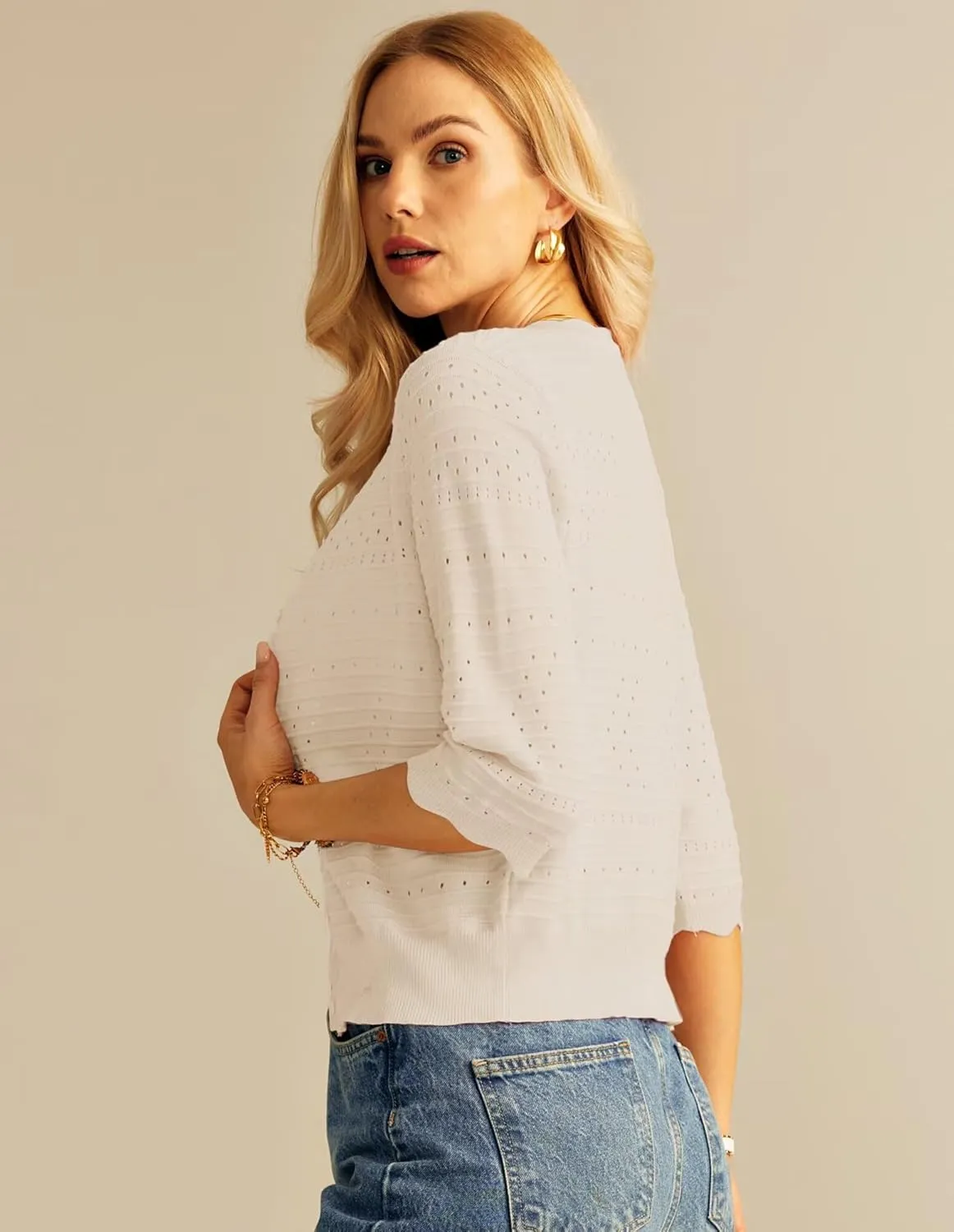GRACE KARIN Women's 3/4 Short Sleeve Cropped Cardigan Lightweight Button up Crochet Knit Sweater Shrug for Summer Spring