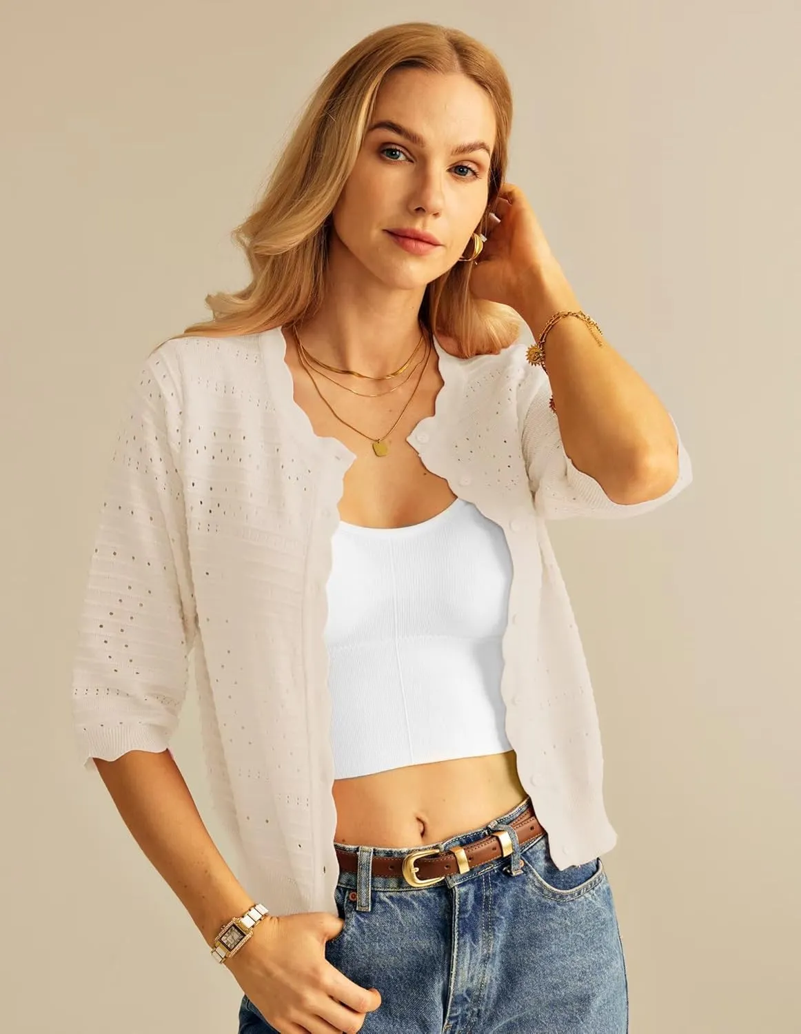 GRACE KARIN Women's 3/4 Short Sleeve Cropped Cardigan Lightweight Button up Crochet Knit Sweater Shrug for Summer Spring