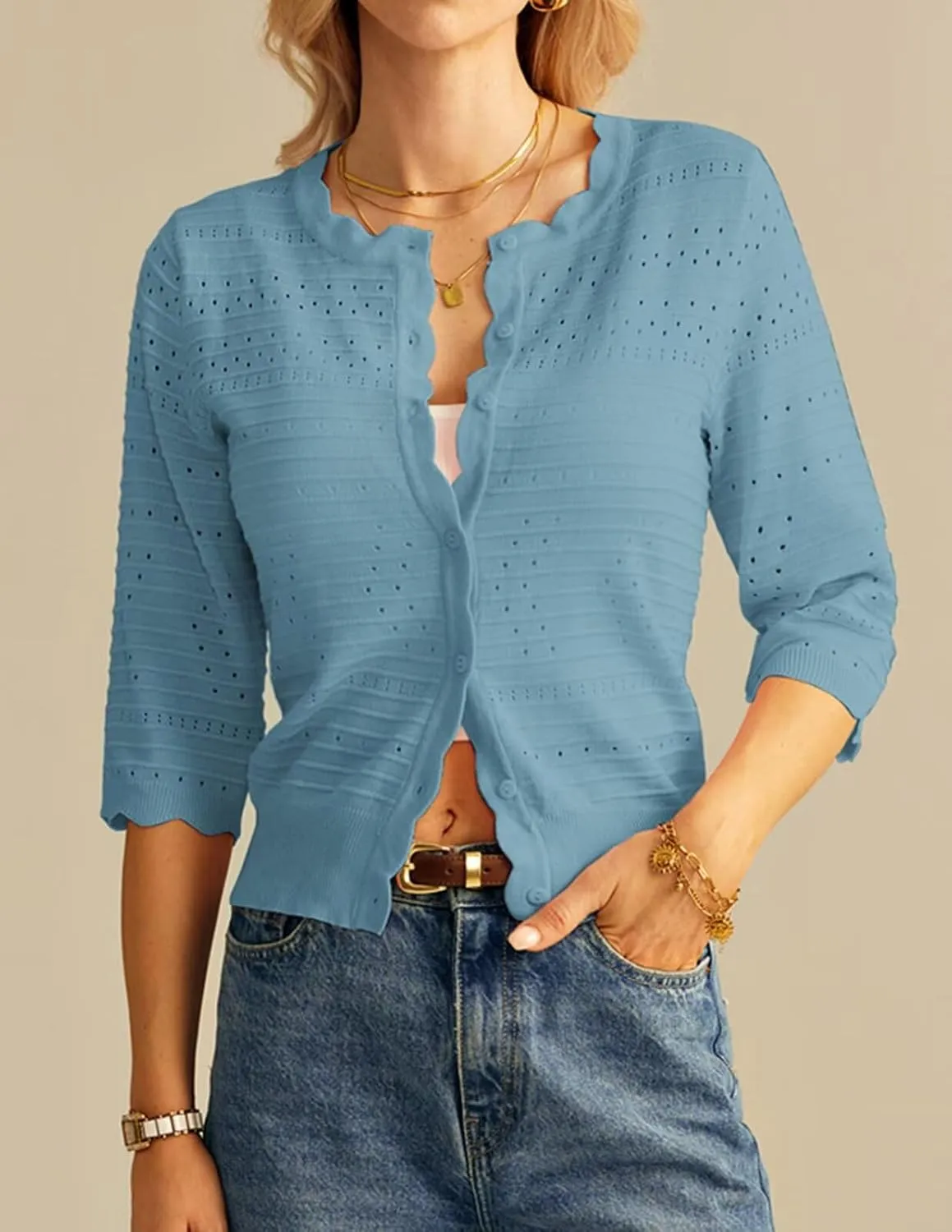 GRACE KARIN Women's 3/4 Short Sleeve Cropped Cardigan Lightweight Button up Crochet Knit Sweater Shrug for Summer Spring