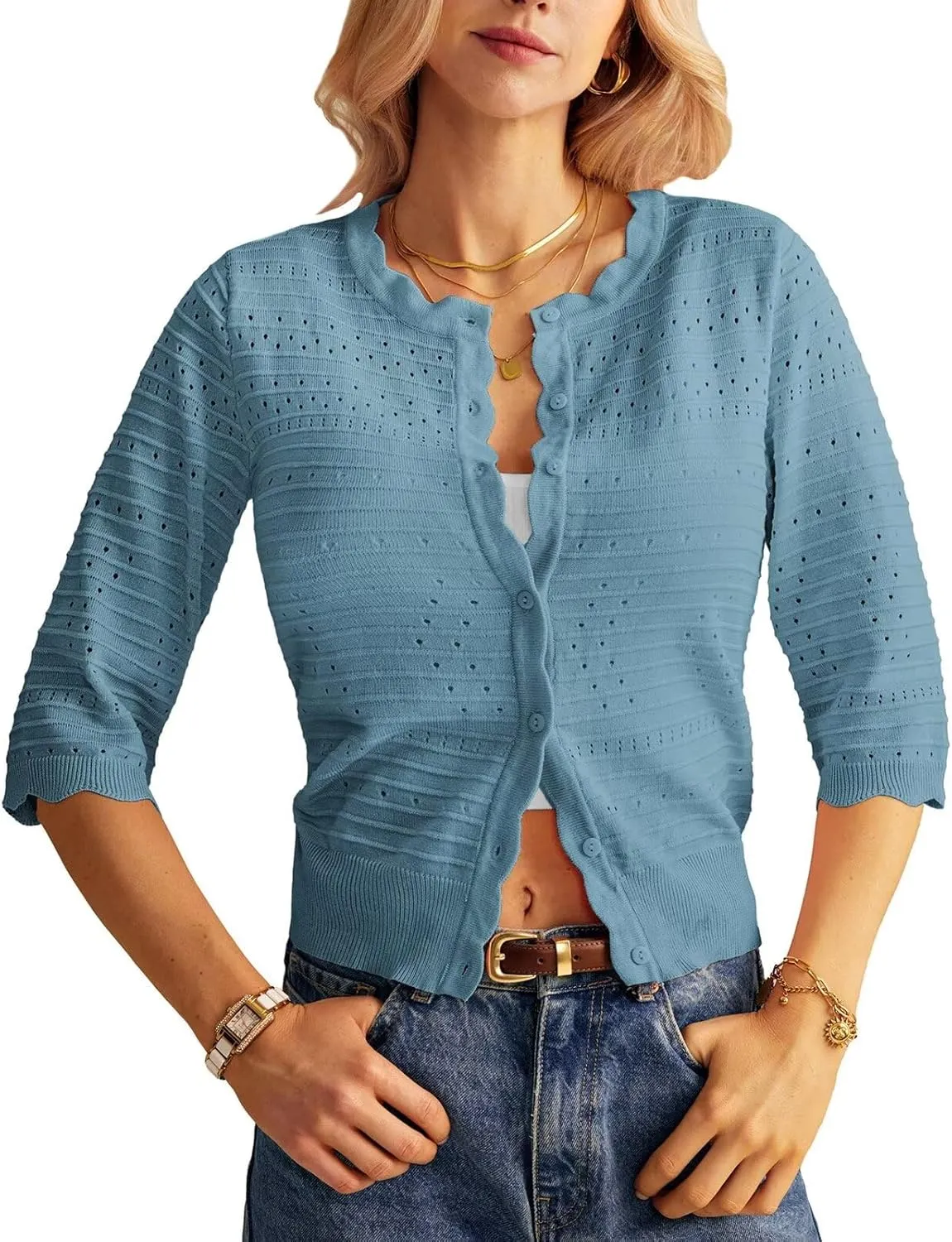 GRACE KARIN Women's 3/4 Short Sleeve Cropped Cardigan Lightweight Button up Crochet Knit Sweater Shrug for Summer Spring