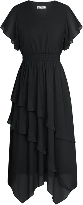 GRACE KARIN Women's Casual Summer V Neck Flutter Ruffle Short Sleeve 2025 Empire High Waist Flowy Midi Dresses