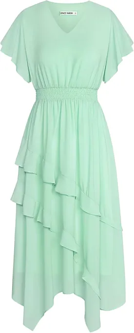 GRACE KARIN Women's Casual Summer V Neck Flutter Ruffle Short Sleeve 2025 Empire High Waist Flowy Midi Dresses