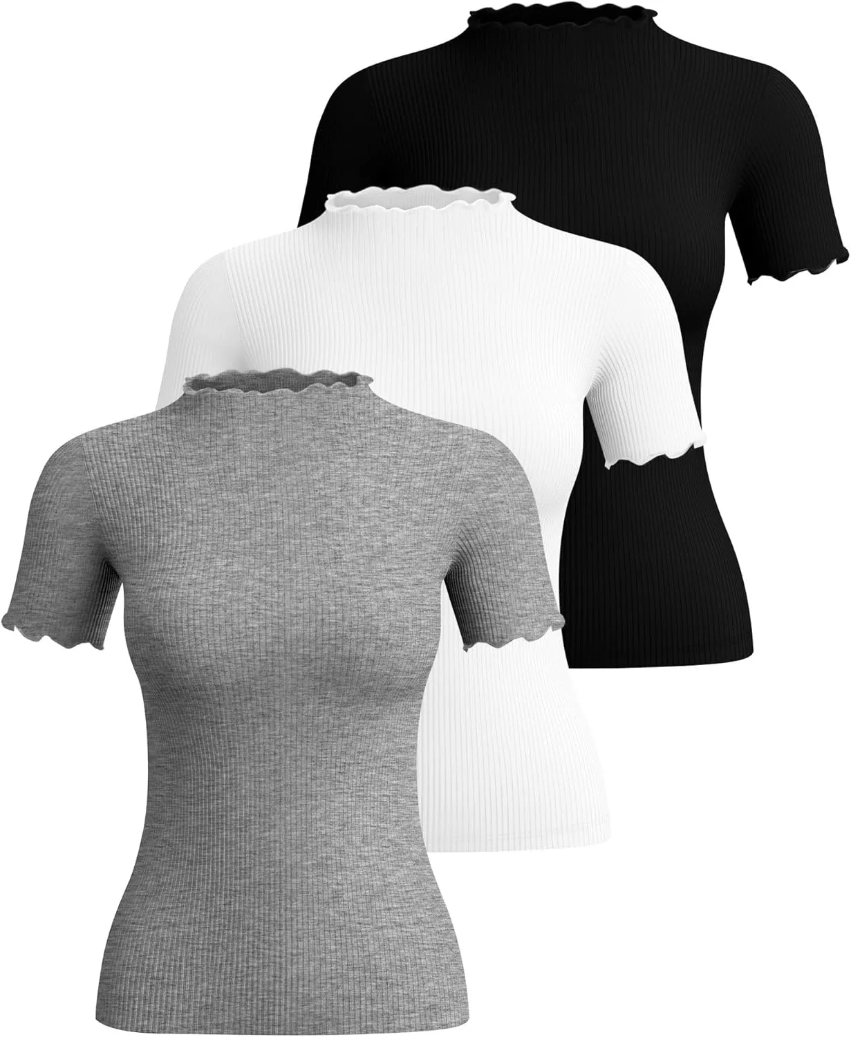 Huukeay 3 Pack Women's Mock Turtleneck Short Sleeve Tops Cotton Ribbed Lettuce Trim T Shirts Slim Fit Casual Base Tee