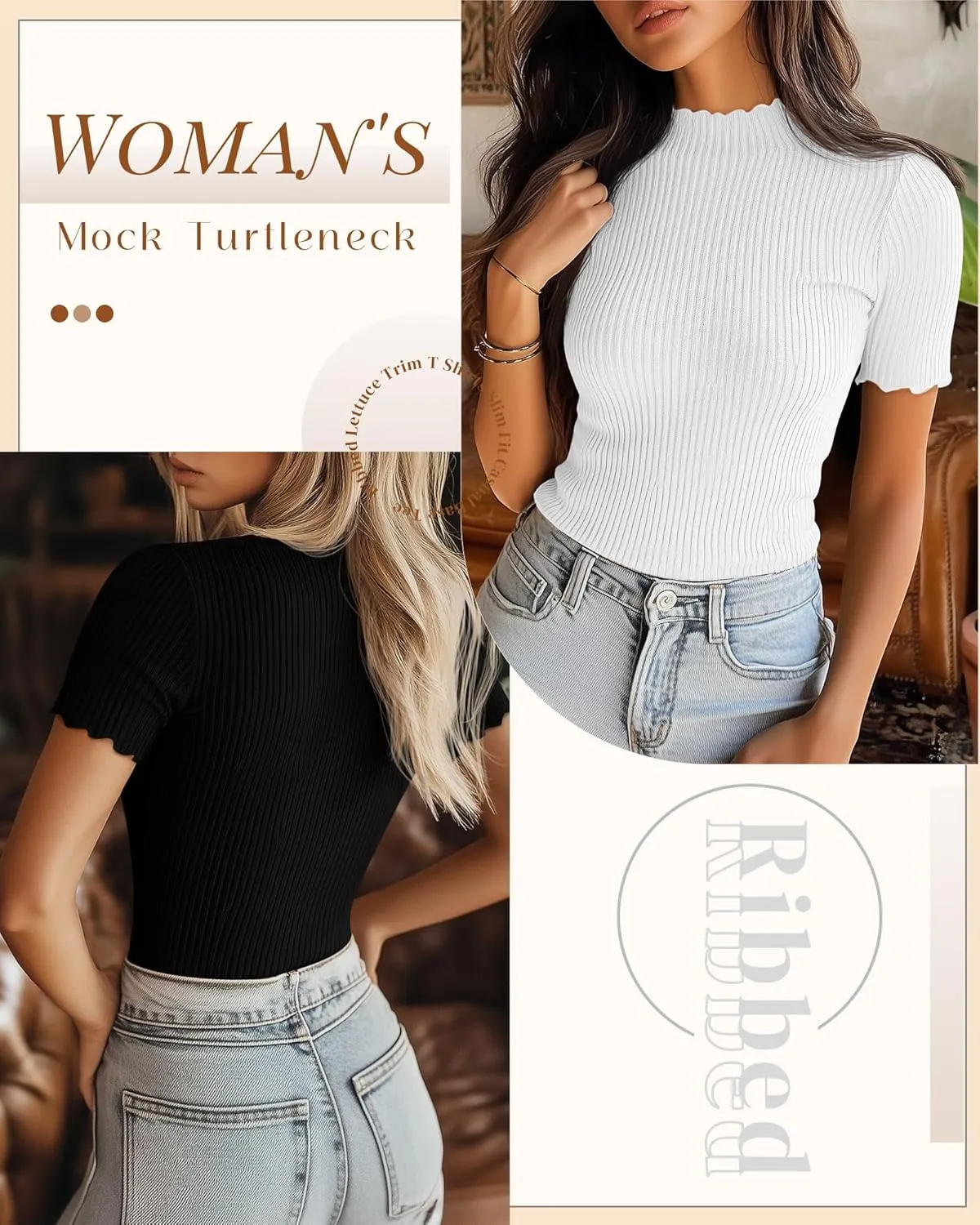 Huukeay 3 Pack Women's Mock Turtleneck Short Sleeve Tops Cotton Ribbed Lettuce Trim T Shirts Slim Fit Casual Base Tee