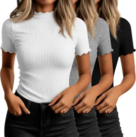Huukeay 3 Pack Women's Mock Turtleneck Short Sleeve Tops Cotton Ribbed Lettuce Trim T Shirts Slim Fit Casual Base Tee
